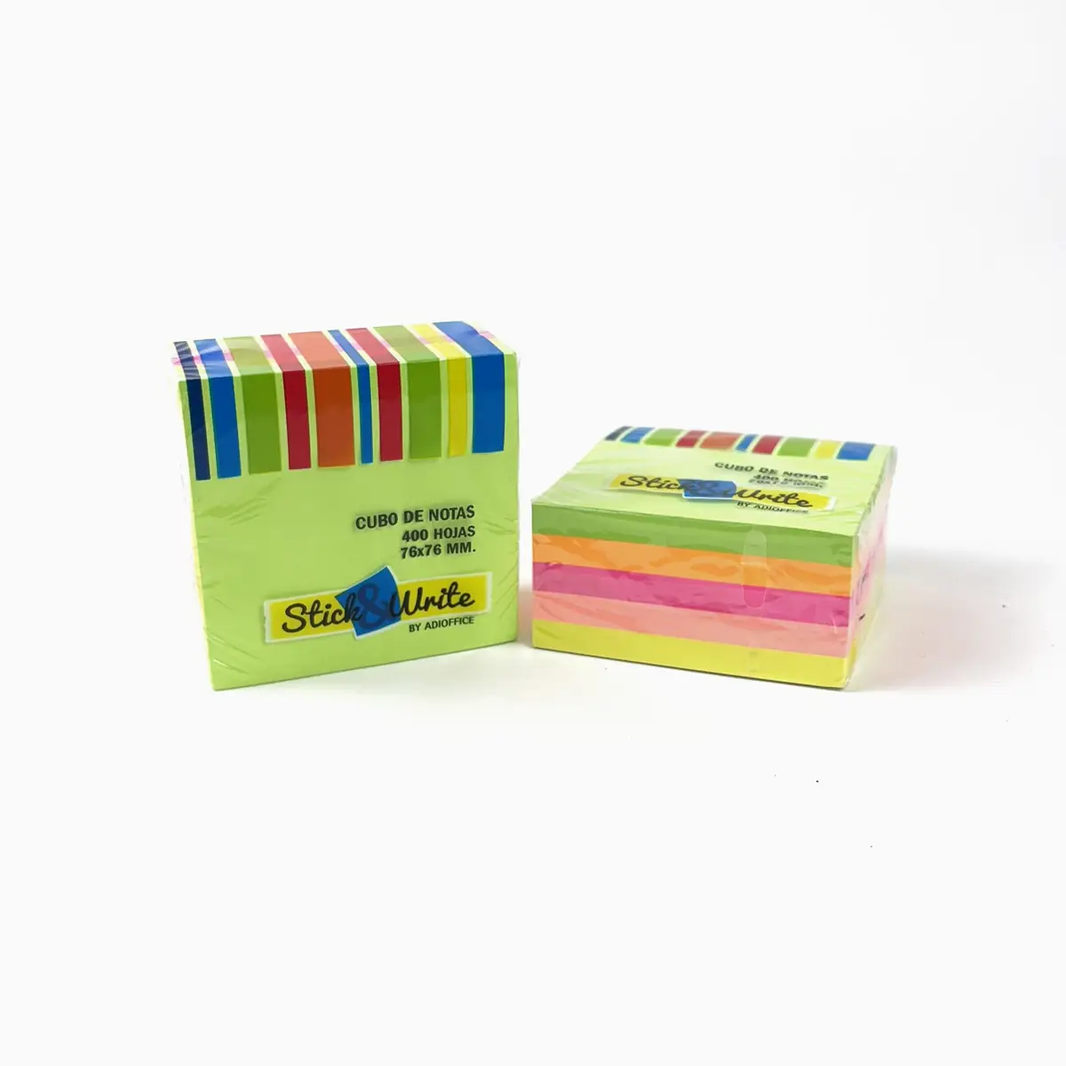 Cubo Stick&Write abierto con notas adhesivas en colores neón surtidos